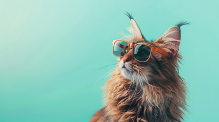 Obraz premium A stylish cat wearing glasses on blue background. Animal wearing sunglasses
