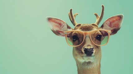 Obraz premium A stylish deer wearing glasses on green background. Animal wearing sunglasses