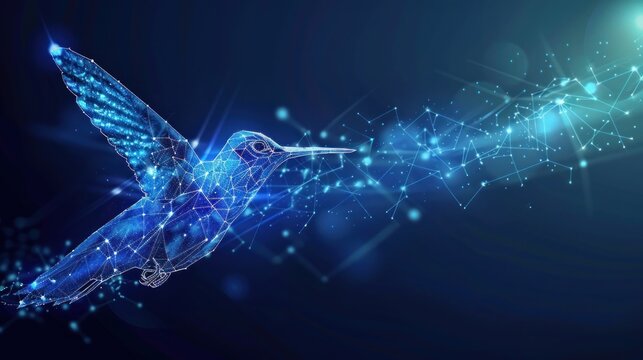 Hummingbird colibri flying bird from futuristic polygonal blue lines and glowing stars AI generate - Powered by Adobe