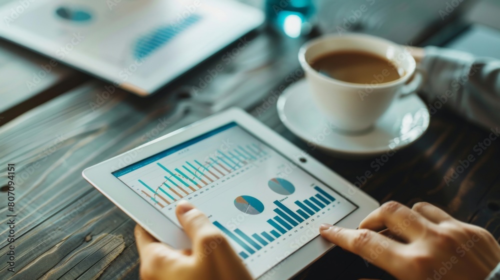 Poster a person analyzing business graphs and charts on a tablet with a cup of coffee on the side, reflecti
