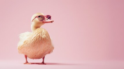 Obraz premium A stylish duck wearing glasses on pink background. Animal wearing sunglasses