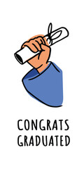 Student's hand with a diploma. A scroll tied with a ribbon. Certificate of academic achievement. Flat illustration in cartoon style. Inscription with congratulations on the graduation.