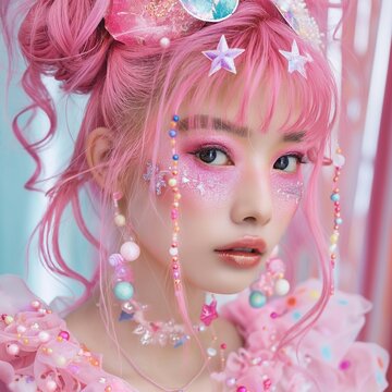 Una chica harajuku con un maquillaje colorido, en tonos predominantemente rosados