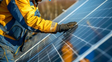 Engineer installing photovoltaic panels in a solar farm, harnessing renewable energy for sustainable power generation.