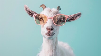 Obraz premium A stylish goat wearing glasses on blue background. Animal wearing sunglasses
