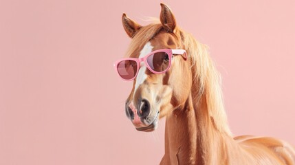 Obraz premium A stylish horse wearing glasses on pink background. Animal wearing sunglasses