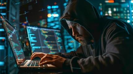 A hacker in a dark hoodie typing furiously on a laptop, surrounded by screens with lines of code.