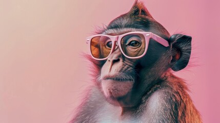 Obraz premium A stylish monkey wearing glasses on pink background. Animal wearing sunglasses