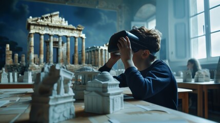 A student eagerly exploring historical landmarks through a VR headset, with the teacher providing context and guidance in the classroom.