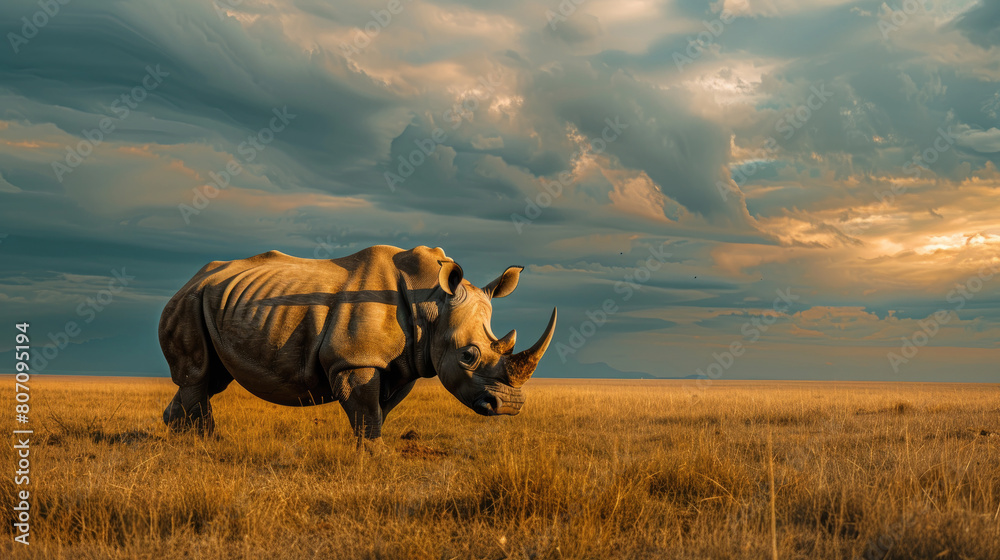 Wall mural a rhinoceros standing in the savannah, surrounded by tall grass and blue sky with white clouds