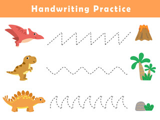 Handwriting practice sheet with cute dino illustration . Basic writing. Educational game for children. Handwriting practice worksheets for kids. © G.rena