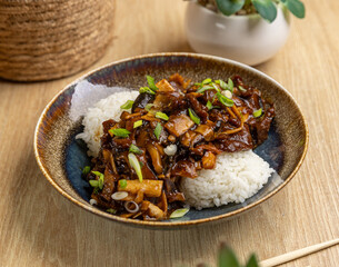 Savory beef stir fry with rice