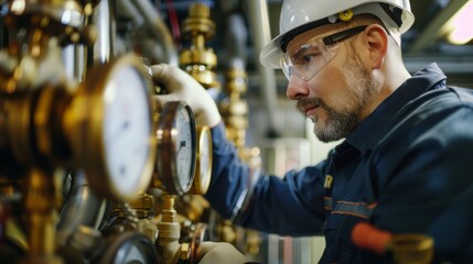 Close-up of a mechanical engineer calibrating pressure gauges in a power plant, ensuring accurate monitoring of system parameters.