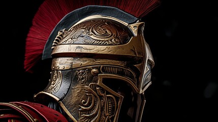 Hoplite's helmet with determined visor gaze.