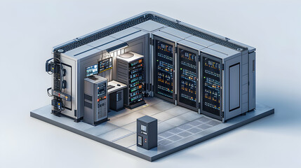 Isometric 3D Flat Icon Illustration of Server Room with Surveillance Cameras Emphasizing Physical Security for Critical Data Protection