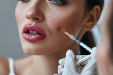 Close-up of a woman receiving Botox injections in her lips with a serene expression.