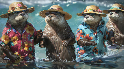 Four otters wearing hats and shirts are swimming in the water