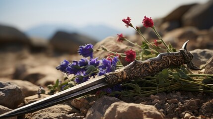 Hoplite's spear with entwined wildflowers.