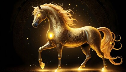 Illustrate a mythical golden horse with intricate upscaled 5