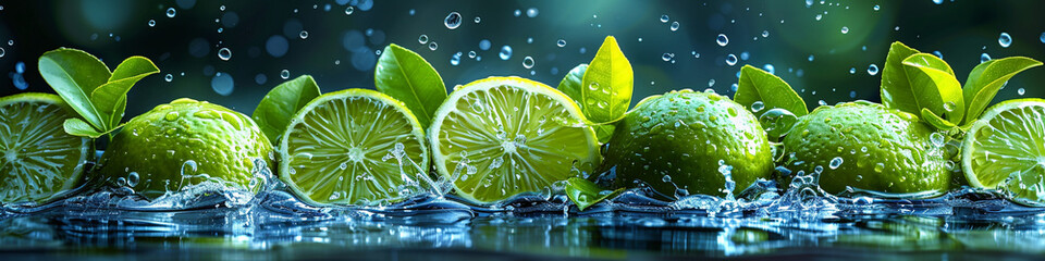 Wide panoramic fruit juice cafe background photo with real set of lime pieces exploding with water...