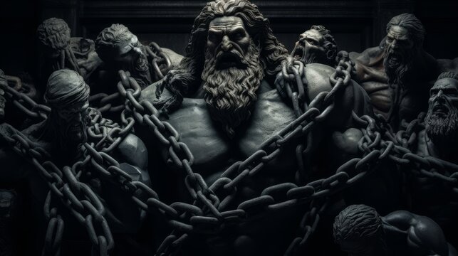 Titans bound by chains in the depths of Tartarus.