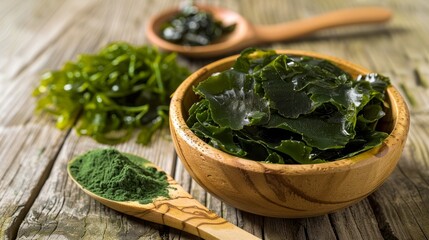 Kelp seaweed and spirulina powder with konbu and seaweed on wooden background
