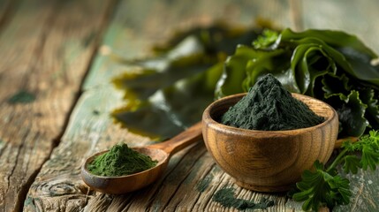 Kelp seaweed and spirulina powder with konbu and seaweed on wooden background