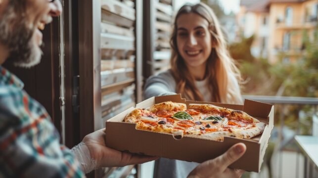 A pizza delivery person handing over a steaming hot box of pizza to a delighted customer at their doorstep, ensuring satisfaction with every bite.
