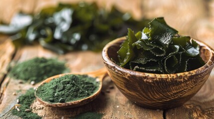 Kelp seaweed and spirulina powder with konbu and seaweed on wooden background