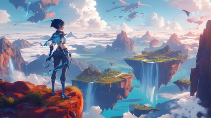 Portrait of an Anime character standing on a hill in Mountains, anime style