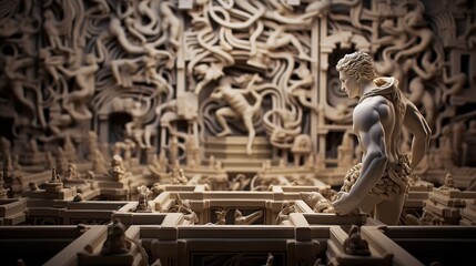 Theseus faces Minotaur in King Minos's labyrinth holding Ariadne's thread