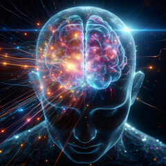 Obraz premium A photo of a graphical image of a human head with an illuminated brain. Light particles and lines emanate from the brain. Illustrates the connection of intelligence and technology.