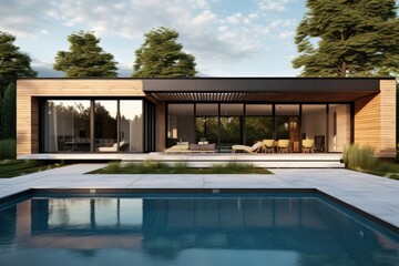 Modern house with a minimalist exterior and a swimming pool in the middle of a forest	
