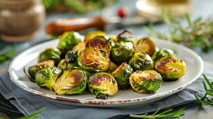Roasted brussels sprouts in a white plate on the table