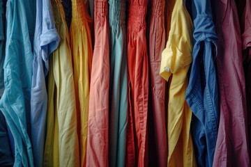 Fototapeta premium A vibrant collection of long-sleeve shirts hung neatly in a row, showcasing a spectrum of rainbow colors