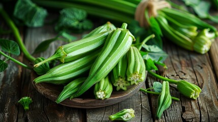 Obraz premium Fresh green okra on rustic wooden table
