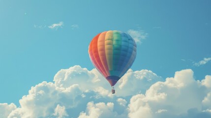 Fototapeta premium A rainbow-colored hot air balloon floating gracefully against a backdrop of fluffy white clouds, creating a picturesque scene in the sky.