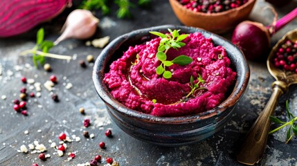 Red beetroot humus in a bowl