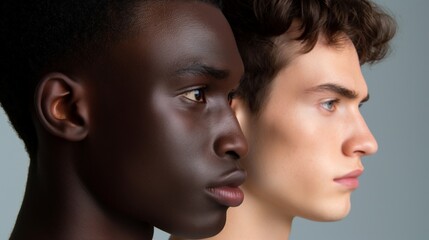 Multi races different races side face head Caucasian African man close up grey background