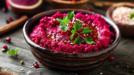 Red beetroot humus in a bowl