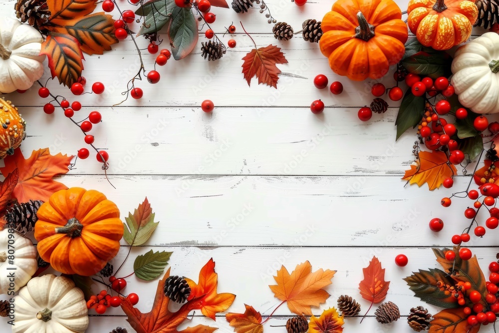 Canvas Prints Festive autumn decor from pumpkins, berries and leaves on a white wooden background. Concept of Thanksgiving day or Halloween. 