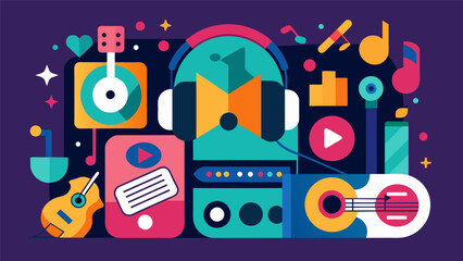 The curated playlist seamlessly blends different genres creating a unique and dynamic musical experience for the audience. Vector illustration