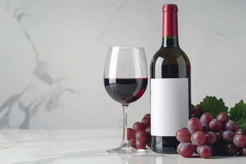 Obraz premium A red wine bottle with a wine glass and a bunch of grapes