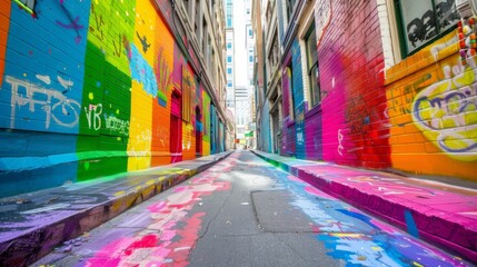 Naklejka premium A rainbow-colored street art mural decorating a city alleyway, adding vibrancy and culture to the urban landscape.