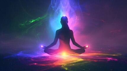 Silhouette of a person sitting in a lotus position in meditation with a bright multi-colored aura	
