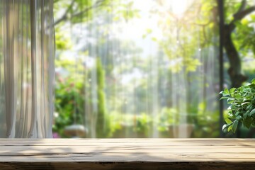 Empty of wood table top on blur of curtain with window view green from tree garden background.For...