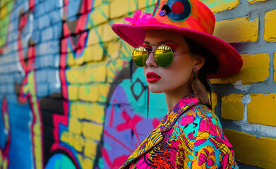 Model dressed in brightly colored, graphic-patterned clothing, positioned against an equally...