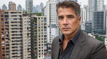 Fototapeta premium A man in a suit faces the camera, cityscape of towering high-rise buildings visible behind him
