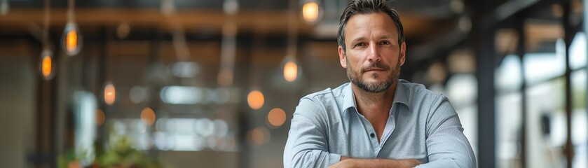 Obraz premium Business portrait of a marketing strategist leaning on a table, showcasing creativity and a forwardthinking attitude