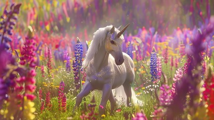 Whimsical Unicorn Trotting in Vivid Meadow of Rainbow Blooms Macro.